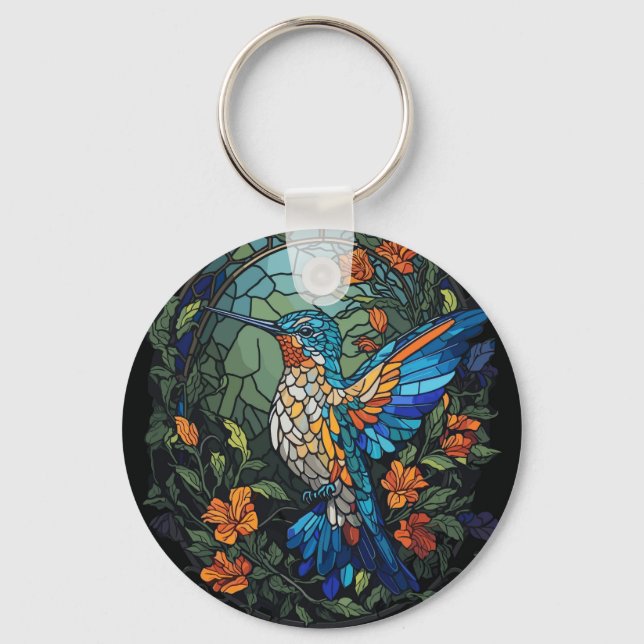 Flying Humming Bird Colourful Stained Glass Key Ring (Front)