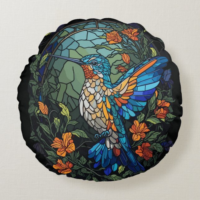 Flying Humming Bird Colourful Stained Glass Round Cushion (Front)
