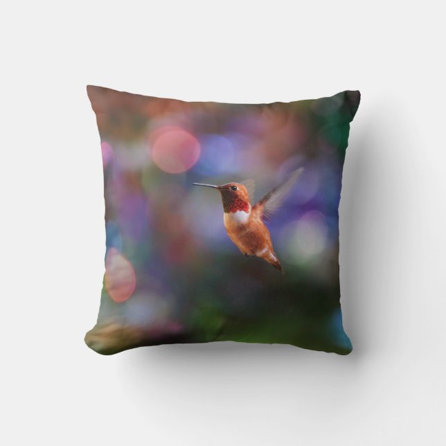 Flying Hummingbird and Colourful Background Cushion (Front)