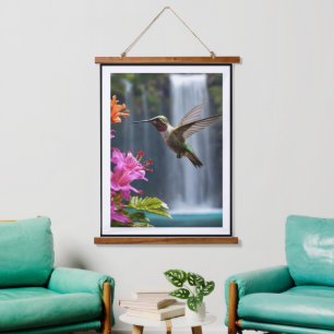 Flying Hummingbird Beside Waterfall, Hanging Tapestry