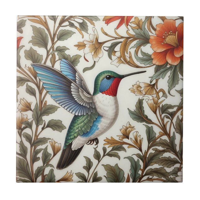 Flying Hummingbird William Morris Inspired Tile (Front)