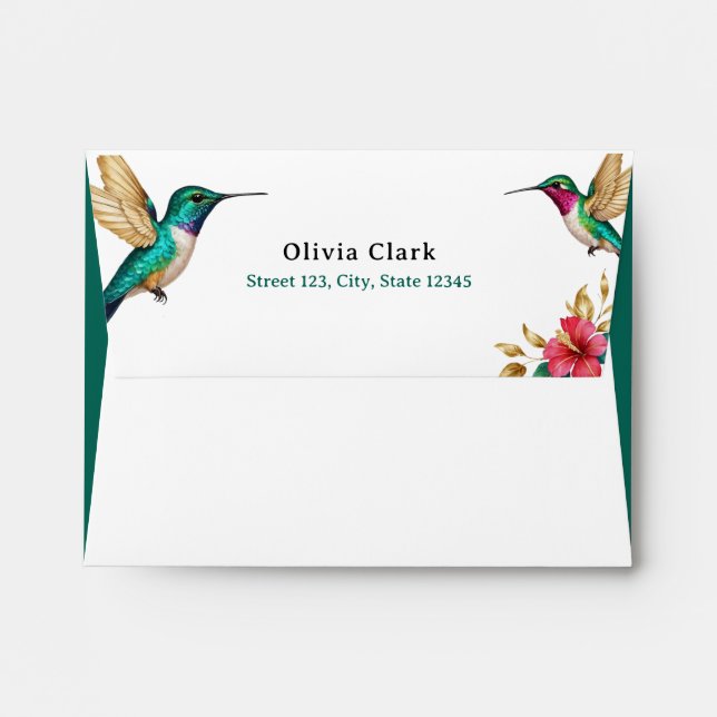 Flying Hummingbirds Red Tropical Flower Wedding Envelope (Back (Top Flap))