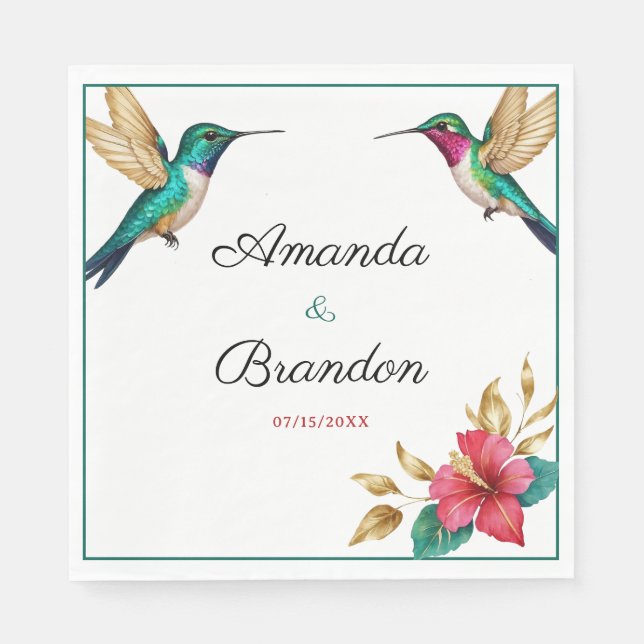 Flying Hummingbirds Red Tropical Flower Wedding Napkin (Front)
