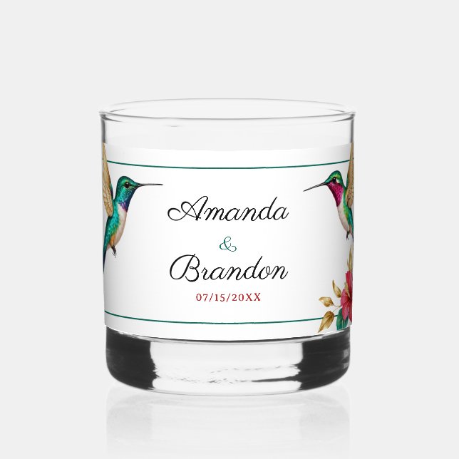 Flying Hummingbirds Red Tropical Flower Wedding Whiskey Glass (Front)