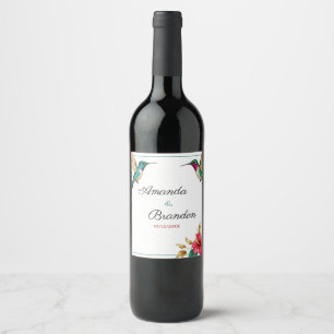 Flying Hummingbirds Red Tropical Flower Wedding Wine Label