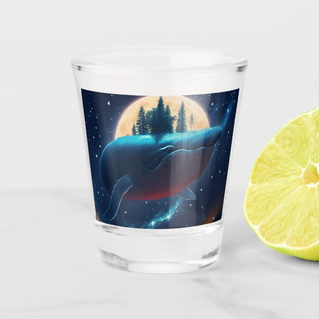 Flying Humpback Whale Moonlight Sea Starry Forests Shot Glass (Front)