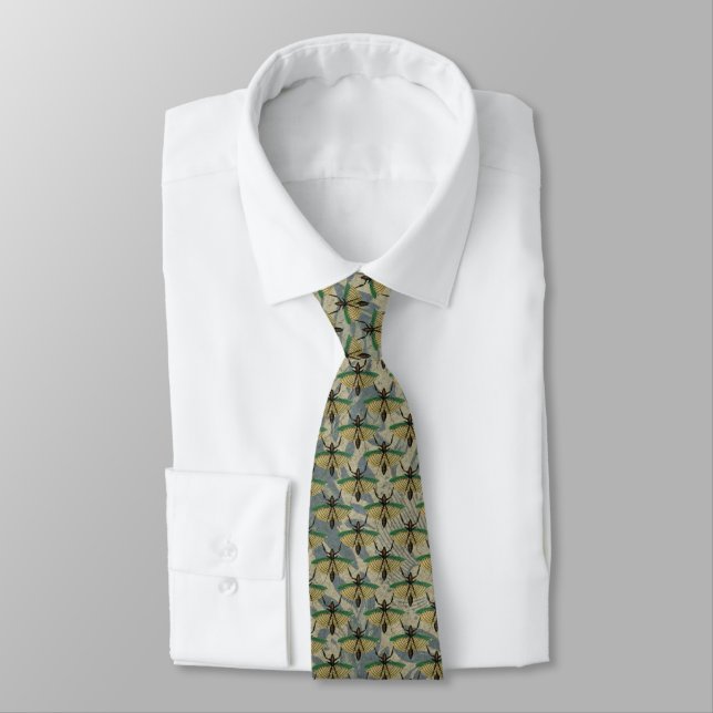 Flying Insect Illustration On Taupe & Blue Floral Tie (Tied)