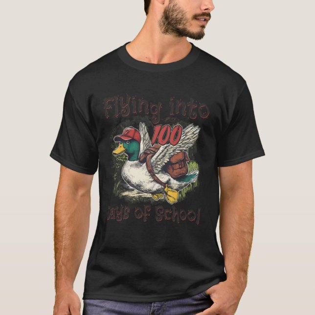 Flying Into 100 Days of School Duck Hunting 100th  T-Shirt (Front)