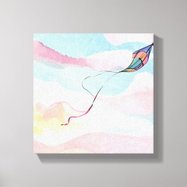 Flying Kite | Airy Watercolor Sky Canvas Print (Front)