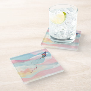 Flying Kite Airy Watercolor Sky Painting Glass Coaster
