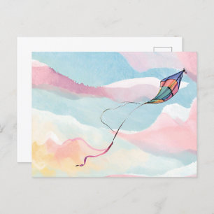 Flying Kite Airy Watercolor Sky Postcard