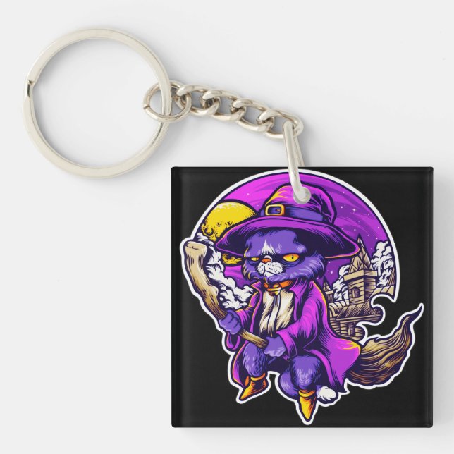 Flying Kitty Cat Witch Illustration Key Ring (Front)