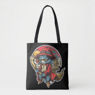 Flying Kitty Cat Witch Illustration Tote Bag