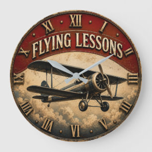 Flying Lessons Vintage Biplane Classic Aviation Large Clock