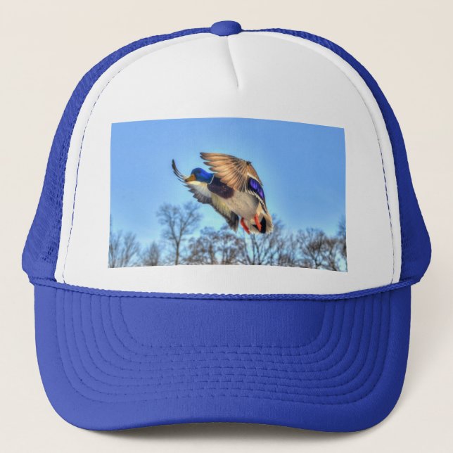 Flying Mallard Duck Drake Wildlife Photo Trucker Hat (Front)