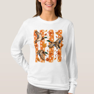 Flying Mallard Duck Orange Polka Dot Autumn Leaves T-Shirt