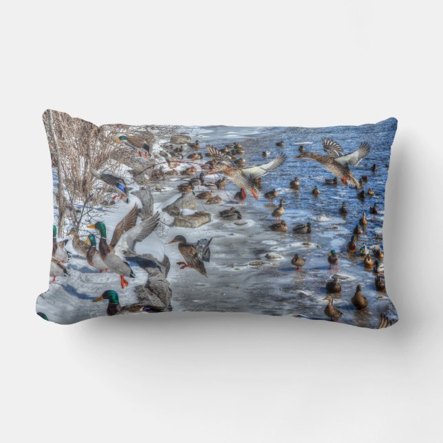 Flying Mallard Ducks & Drake Wildlife Photo Lumbar Cushion (Front)
