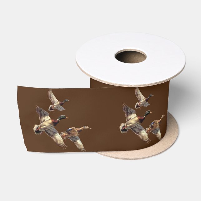 Flying Mallard Ducks On Brown Satin Ribbon (Spool)