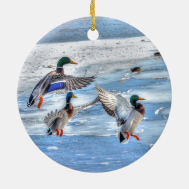 Flying Mallard Ducks Wildlife Gift Ceramic Tree Decoration (Back)