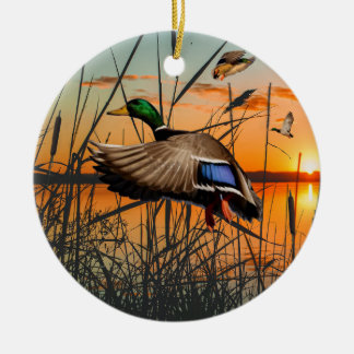 Flying Mallard Ornament, Duck Hunting Ceramic Tree Decoration