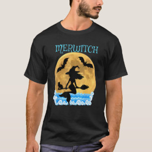 Flying Mermaid Witch Merwitch Broomstick Bats blac T-Shirt