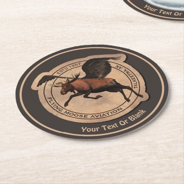 Flying Moose Aviation Patch Round Paper Coaster (Angled)