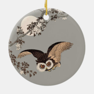 Flying Owl Japanese Print Art Vintage by Shōson Ceramic Tree Decoration