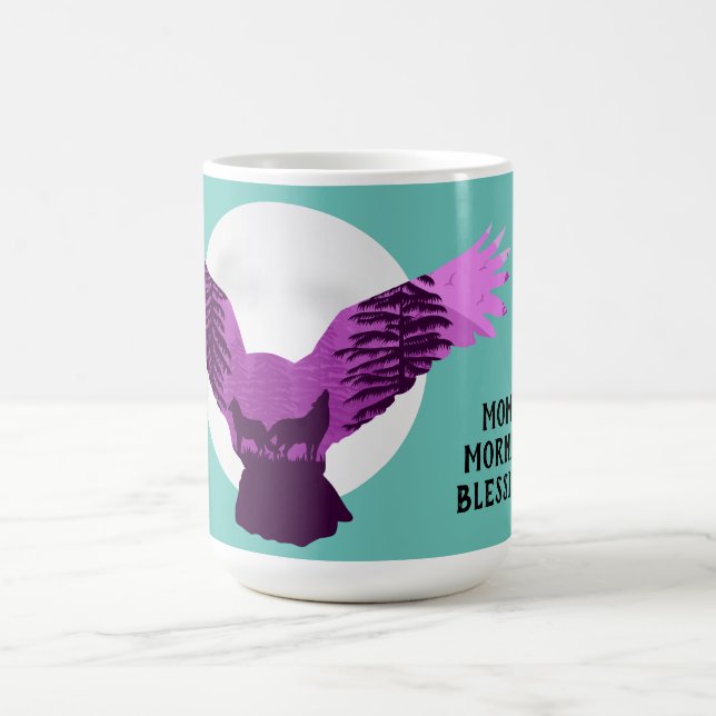 Flying Owl Silhouette With Wolves In Forest Coffee Mug (Center)