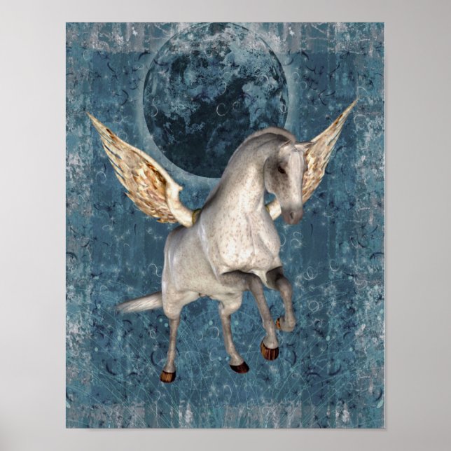 Flying Pegasus Blue Moon Fantasy Horse Art Poster (Front)