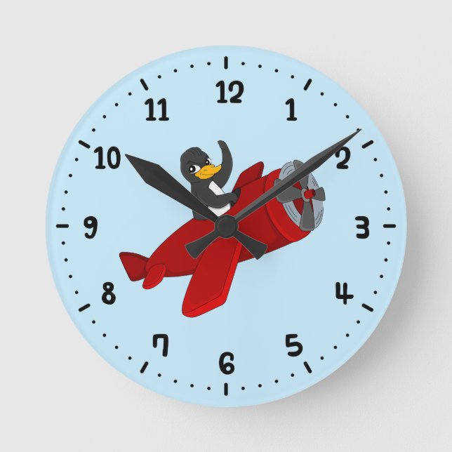 Flying penguin cartoon round clock (Front)