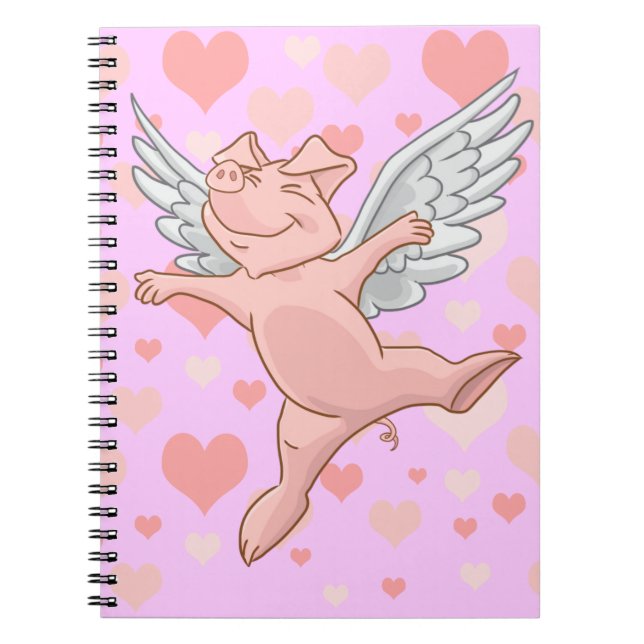 Flying Pig and Pink Hearts Notepad Spiral Notebook (Front)