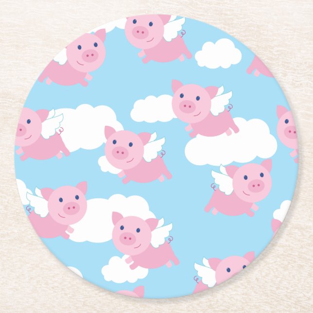 Flying Pig Birthday Party Round Paper Coaster (Front)