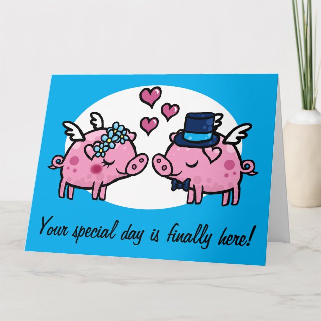 Flying Pig Bride and Groom customizable Greeting C Card (Front)
