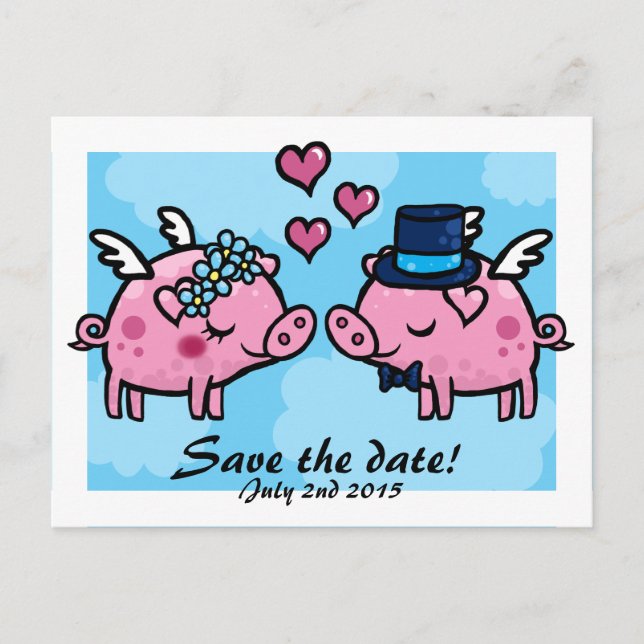 Flying Pig Bride and Groom save the date postcard (Front)