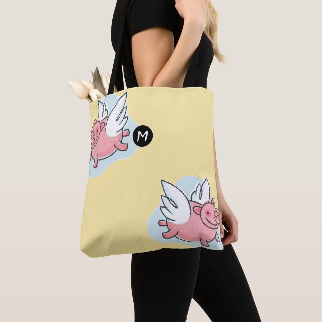 Flying Pig Chinese Year 2019 Monogram Yellow ToteB Tote Bag (Close Up)