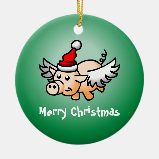 Flying Pig Christmas Ceramic Ornament (Front)