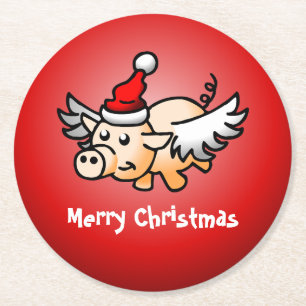 Flying Pig Christmas Paper Coaster