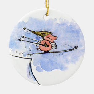 Flying Pig - Cool Ski Jumping Pig Holiday Ceramic Tree Decoration