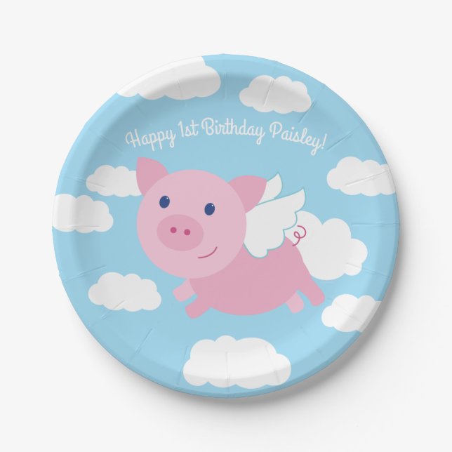 Flying Pig Cute 1st Birthday Party Decor Paper Plate (Front)