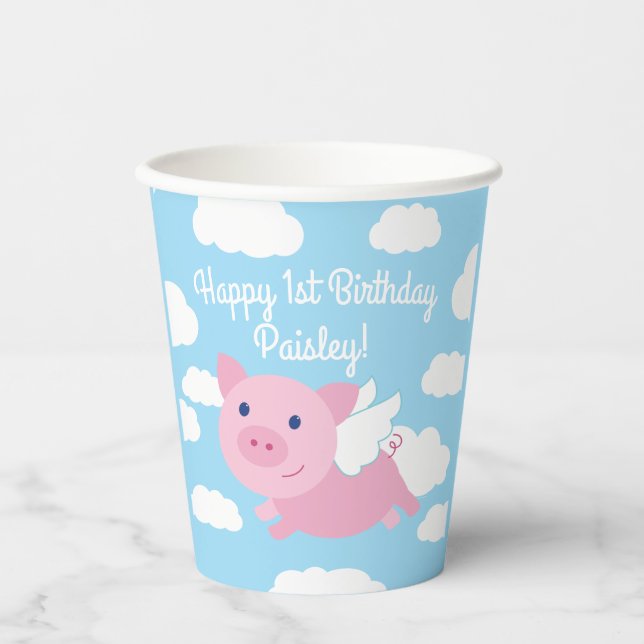 Flying Pig Cute 1st Birthday Party Kids Paper Cups (Front)