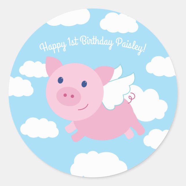 Flying Pig Cute 1st Birthday Thank You Classic Round Sticker (Front)