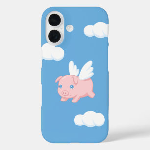 Flying Pig - Cute Piglet with Wings on Blue iPhone 16 Case