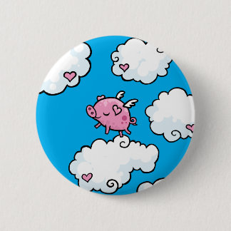 Flying pig dances on clouds 6 cm round badge
