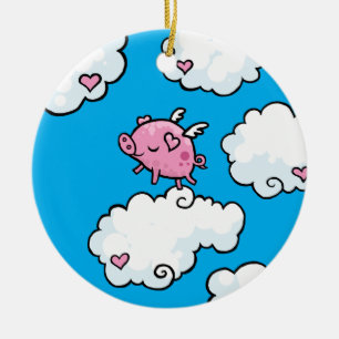 Flying pig dances on clouds ceramic tree decoration
