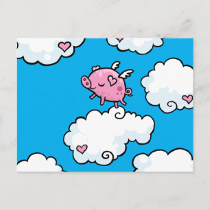 Flying pig dances on clouds postcard