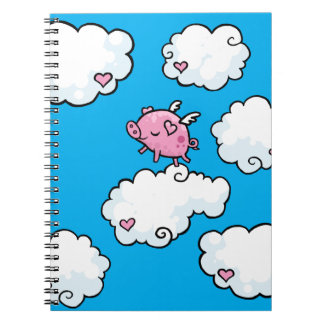 Flying pig dances on clouds spiral note book