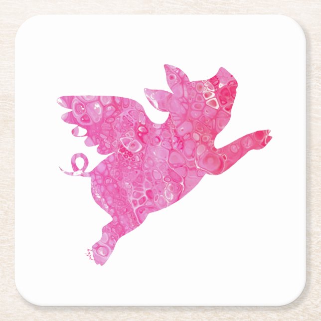 Flying Pig, Pig Art, Pig decor, Square Paper Coaster (Front)
