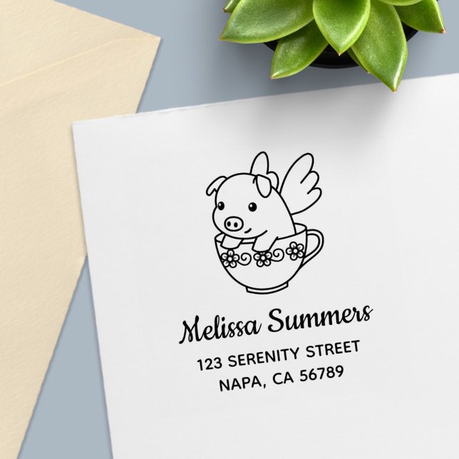 Flying Pig - Piglet with Wings in a Teacup Address Self-inking Stamp (Creator Uploaded)