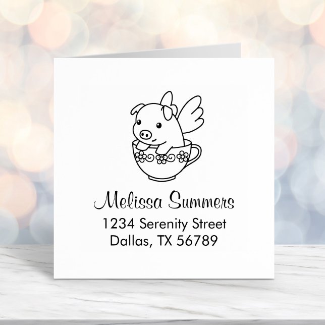 Flying Pig - Piglet with Wings in a Teacup Address Self-inking Stamp (Creator Uploaded)