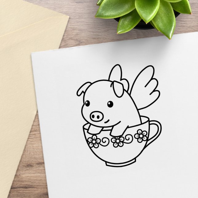 Flying Pig - Piglet with Wings in a Teacup Rubber Stamp (Creator Uploaded)